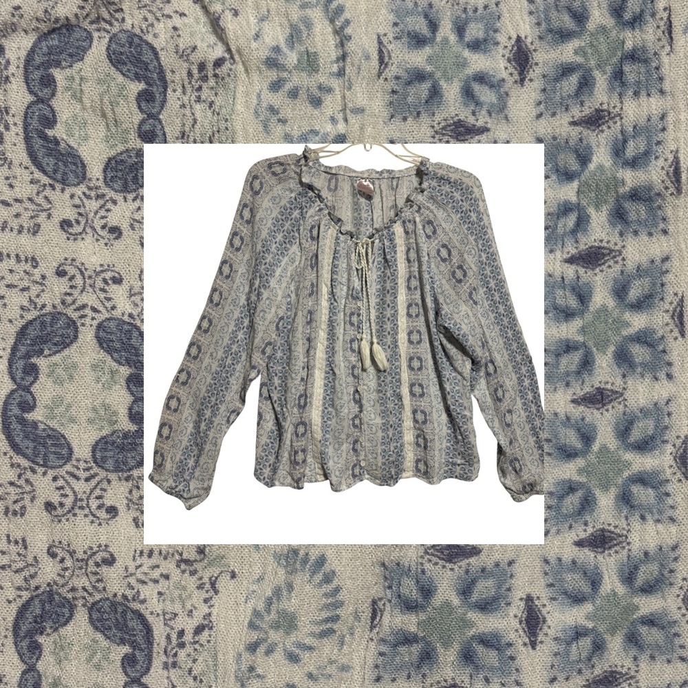 No Boundaries Boho Print Peasant Boho Top Blue/White Tassel Blouse, JR XL 15-17